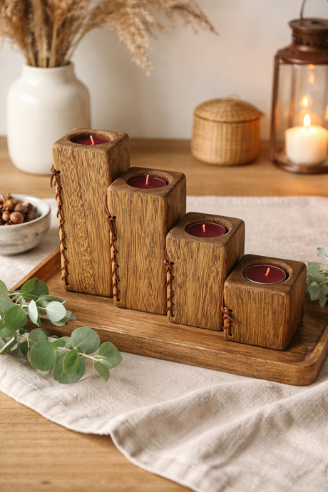 Wooden candle holders with candles on a wooden tray, surrounded by decorative elements.