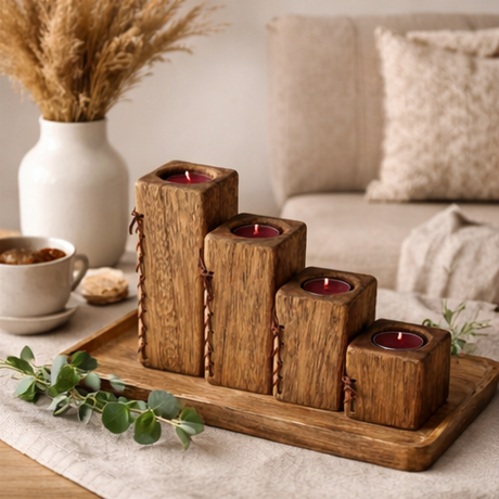 Wooden candle holder set in a living room 