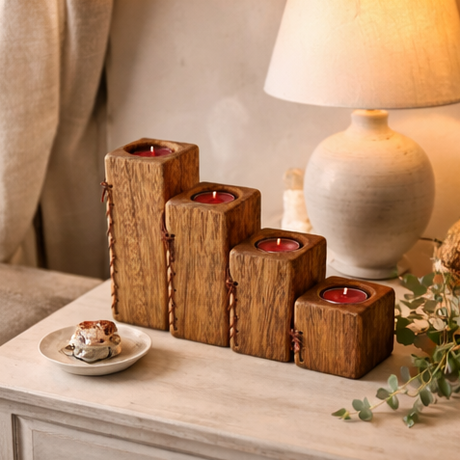 Wooden candle holder set in  a living room 