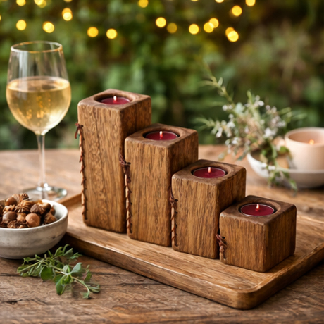 Wooden candle holder in an outside dining area