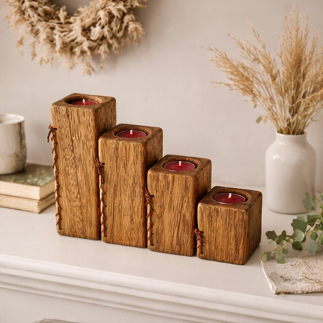 Wooden candle holder set in various settings including a living room and dining area.