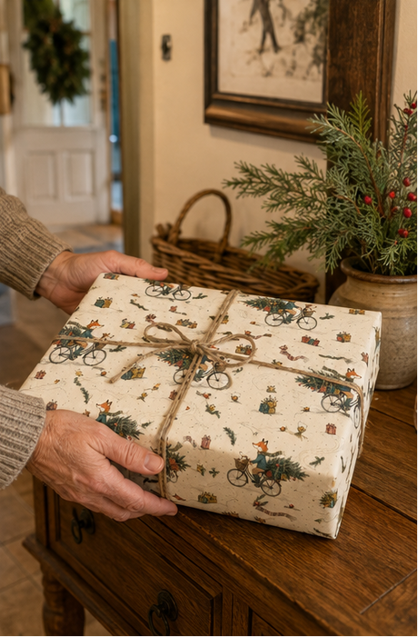Illustrated fox Christmas wrapping paper featuring a scarf-wearing fox cycling through the snow with a little dog in the front basket and a decorated fir tree and presents across the rear. The pencil-sketch design includes tartan scarves, bells, pine sprigs, baubles, parcels and tyre tracks in teal, green, mustard, red and pink on warm ivory.