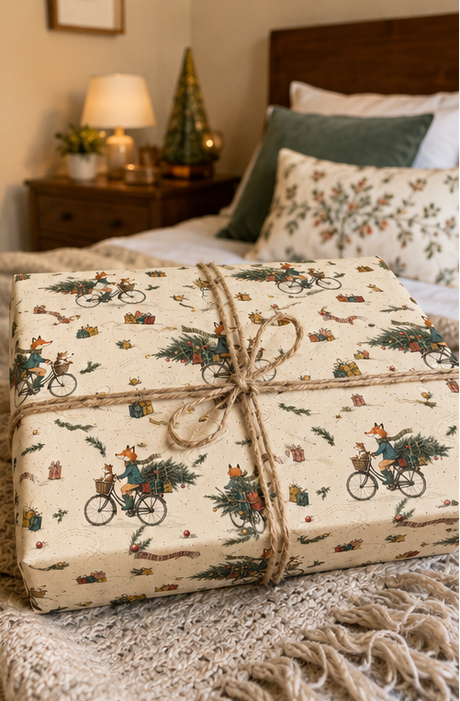 Illustrated fox Christmas wrapping paper featuring a scarf-wearing fox cycling through the snow with a little dog in the front basket and a decorated fir tree and presents across the rear. The pencil-sketch design includes tartan scarves, bells, pine sprigs, baubles, parcels and tyre tracks in teal, green, mustard, red and pink on warm ivory.