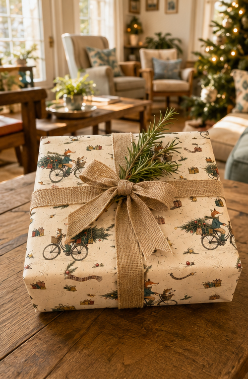 Illustrated fox Christmas wrapping paper featuring a scarf-wearing fox cycling through the snow with a little dog in the front basket and a decorated fir tree and presents across the rear. The pencil-sketch design includes tartan scarves, bells, pine sprigs, baubles, parcels and tyre tracks in teal, green, mustard, red and pink on warm ivory.