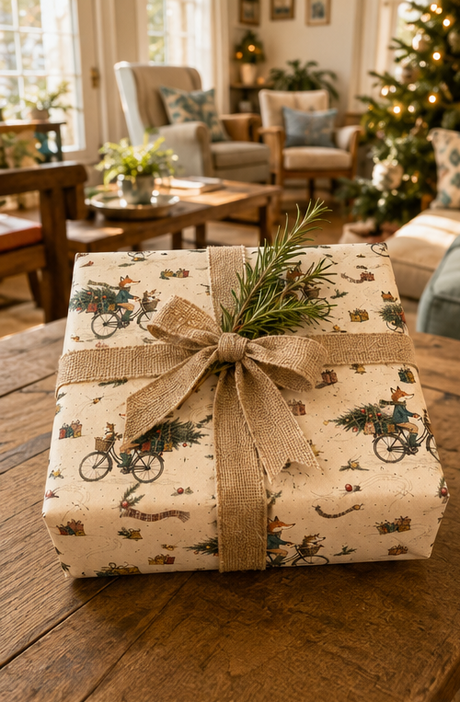 Illustrated fox Christmas wrapping paper featuring a scarf-wearing fox cycling through the snow with a little dog in the front basket and a decorated fir tree and presents across the rear. The pencil-sketch design includes tartan scarves, bells, pine sprigs, baubles, parcels and tyre tracks in teal, green, mustard, red and pink on warm ivory.