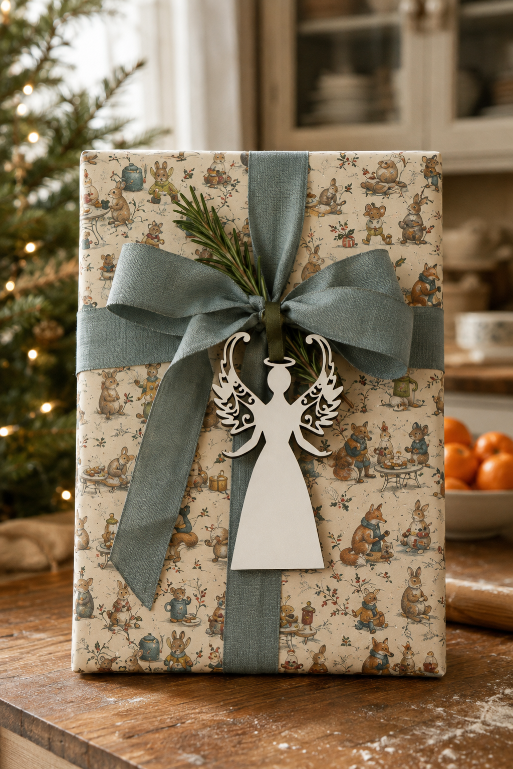White laser-cut angel gift tag on a Fox, Rabbit & Mouse Party wrapped present in a festive country kitchen.