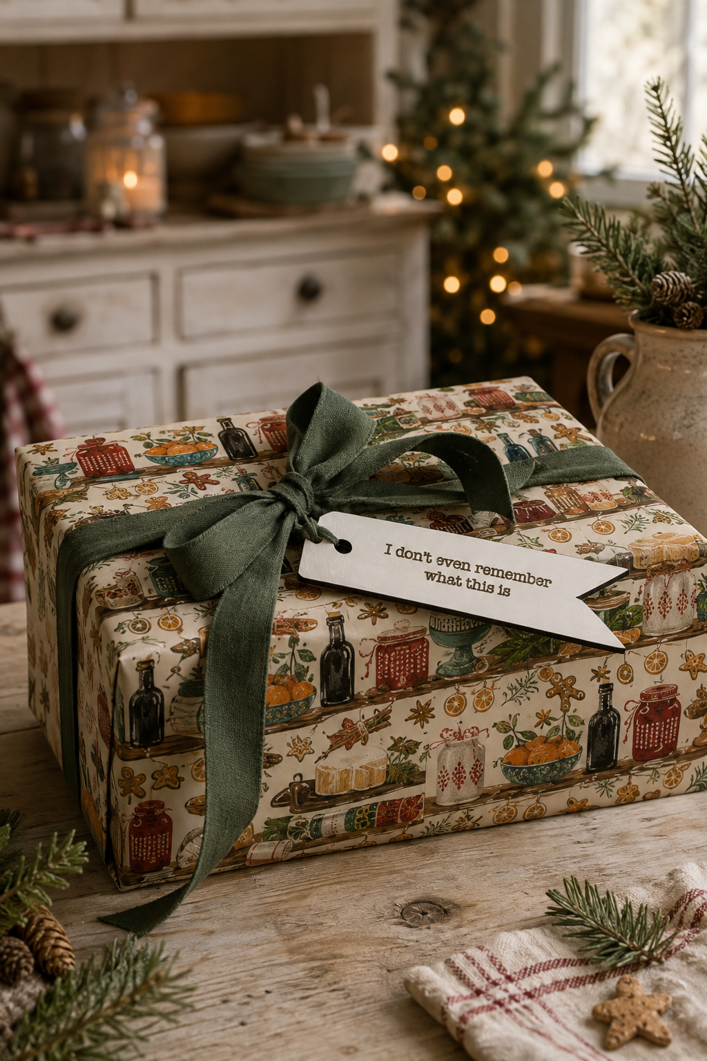 A gift box wrapped in a vintage-style Christmas patterned paper with a dark green ribbon and a white paper tag that reads 'I don't want to remember what this is', set on a rustic wooden table with holiday decorations in the background.