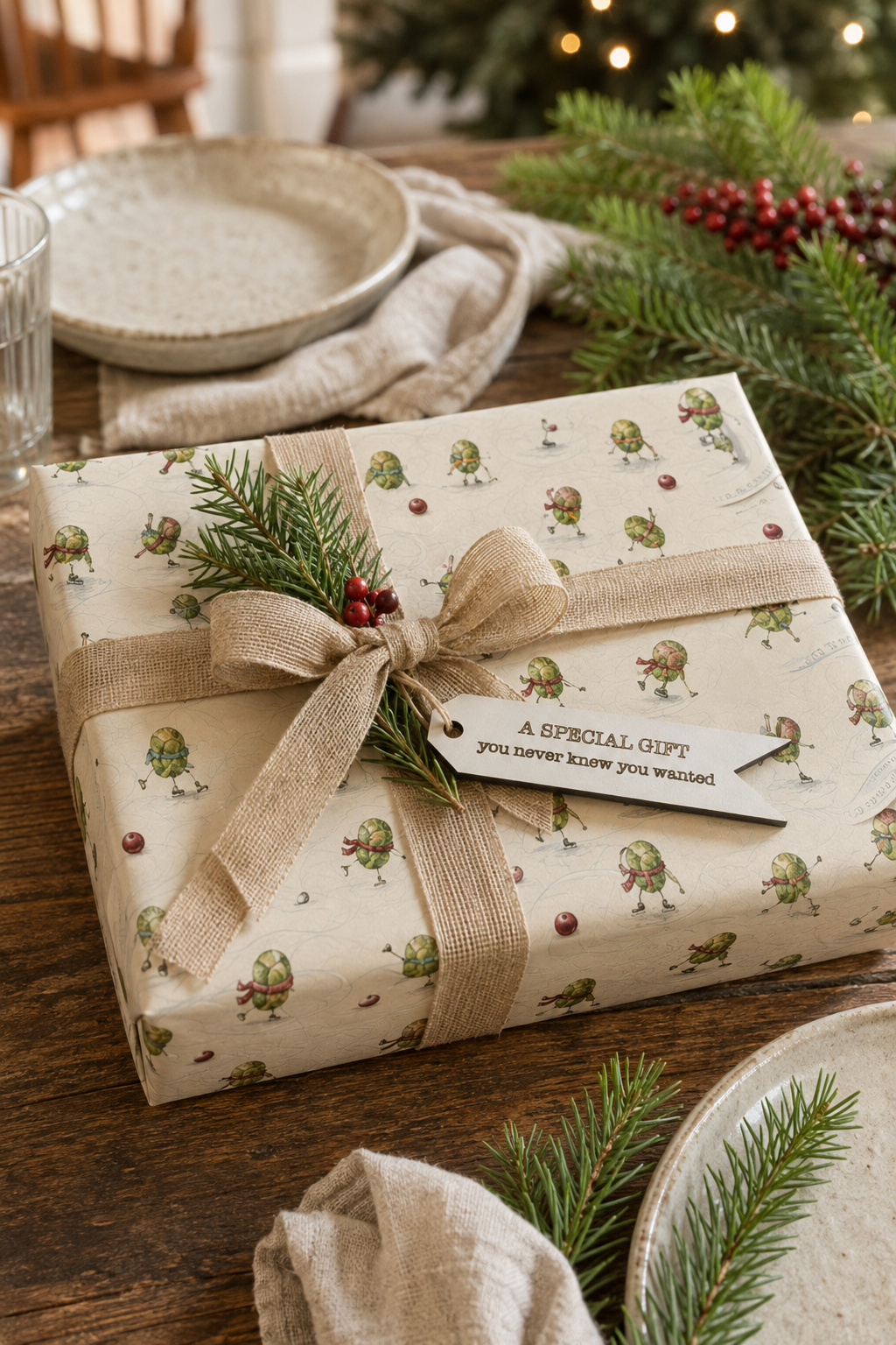 A wrapped gift box on a rustic wooden table, covered in cream wrapping paper with a green Brussels sprouts skating  holiday pattern, with a gift tag that reads "a special gift you never knew you wanted" on it all tied with a beige burlap ribbon and bow. Pine branches, red berries, plates, and a softly blurred Christmas tree lights background create a warm festive scene.