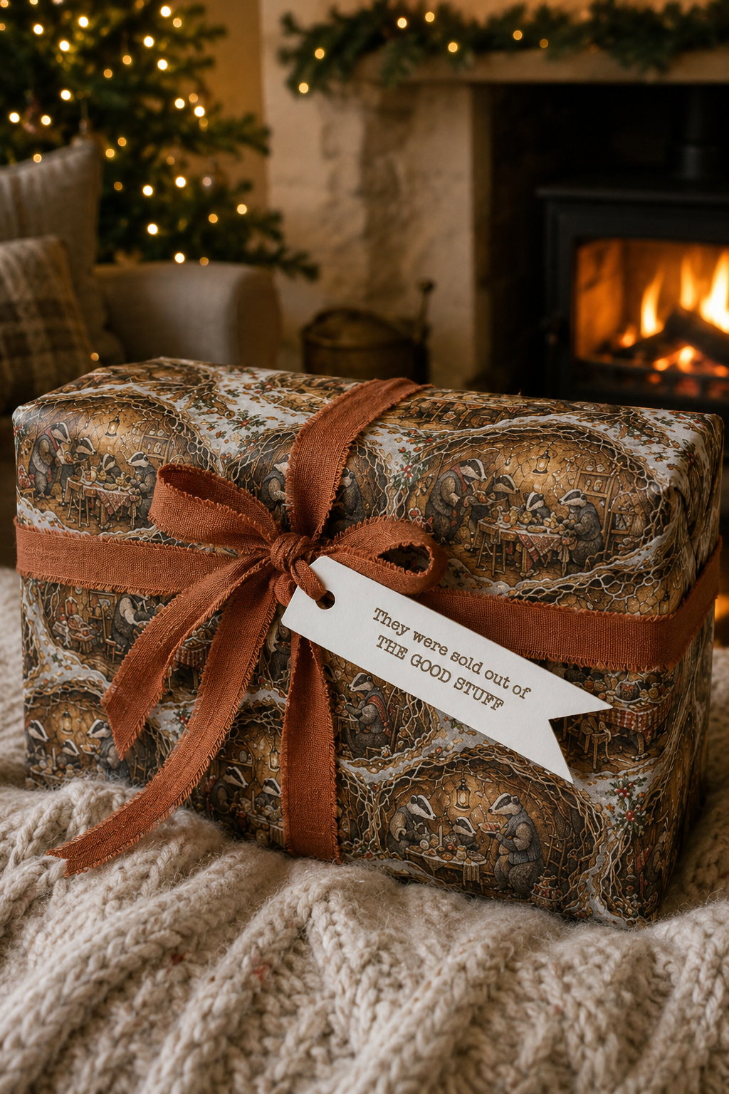 A Christmas gift box wrapped in brown and beige patterned paper with a brown ribbon and a white tag that reads 'They were out of THE GOOD STUFF', placed on a cream knit blanket in front of a cozy fireplace.