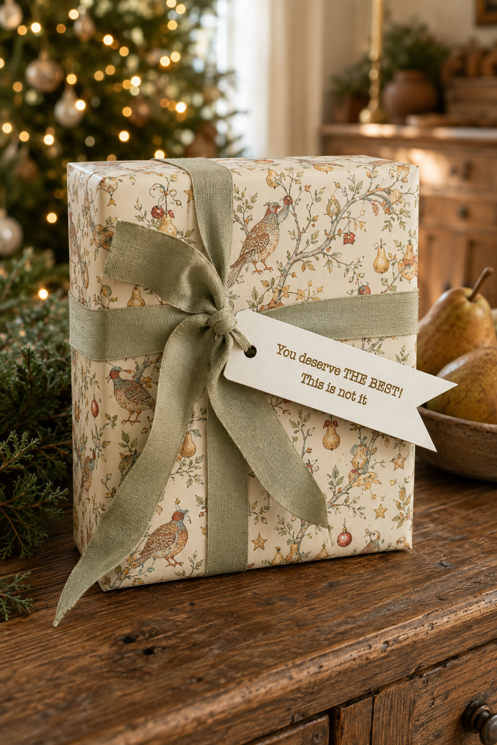A square gift box wrapped in beige holiday-themed wrapping paper with a bird and pear pattern, tied with an olive green ribbon and a white paper tag that reads 'You deserve THE BEST! This is not it.' The box sits on a rustic wooden table with a blurred Christmas tree and pears in the background.