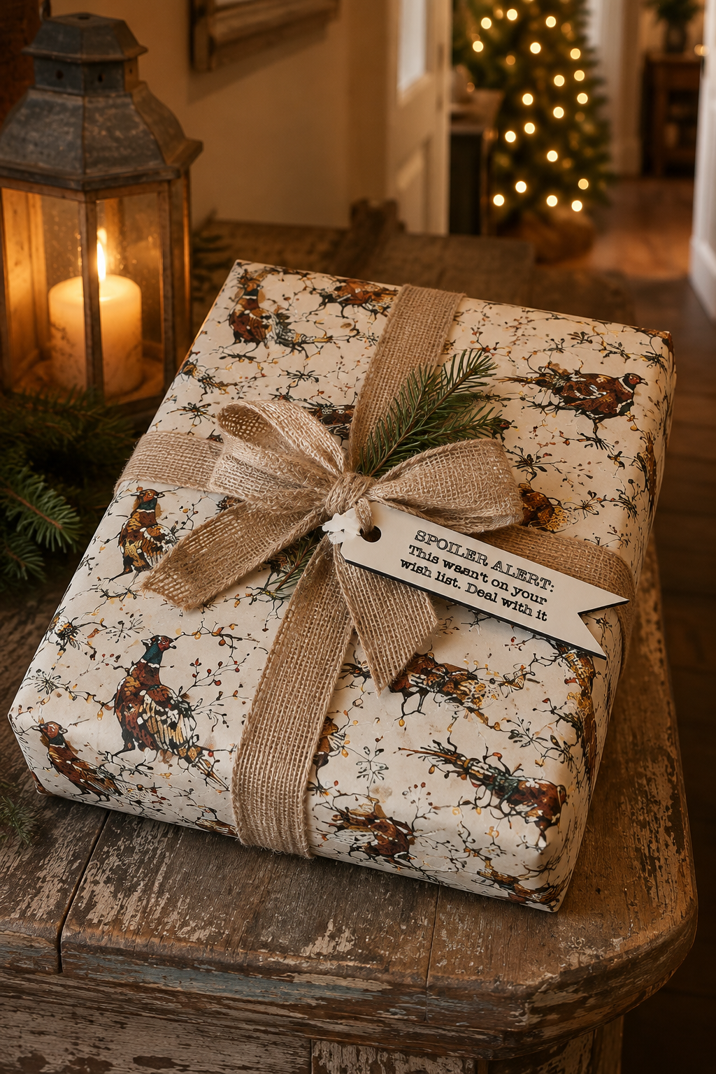 A wrapped gift box with a rustic holiday print, with a gift tag that reads "spoiler alert this wasn't on your wish list. deal with it." on it all tied with a burlap ribbon and bow, sits on a wooden table in a warmly lit indoor setting with a lantern and blurred Christmas lights in the background.