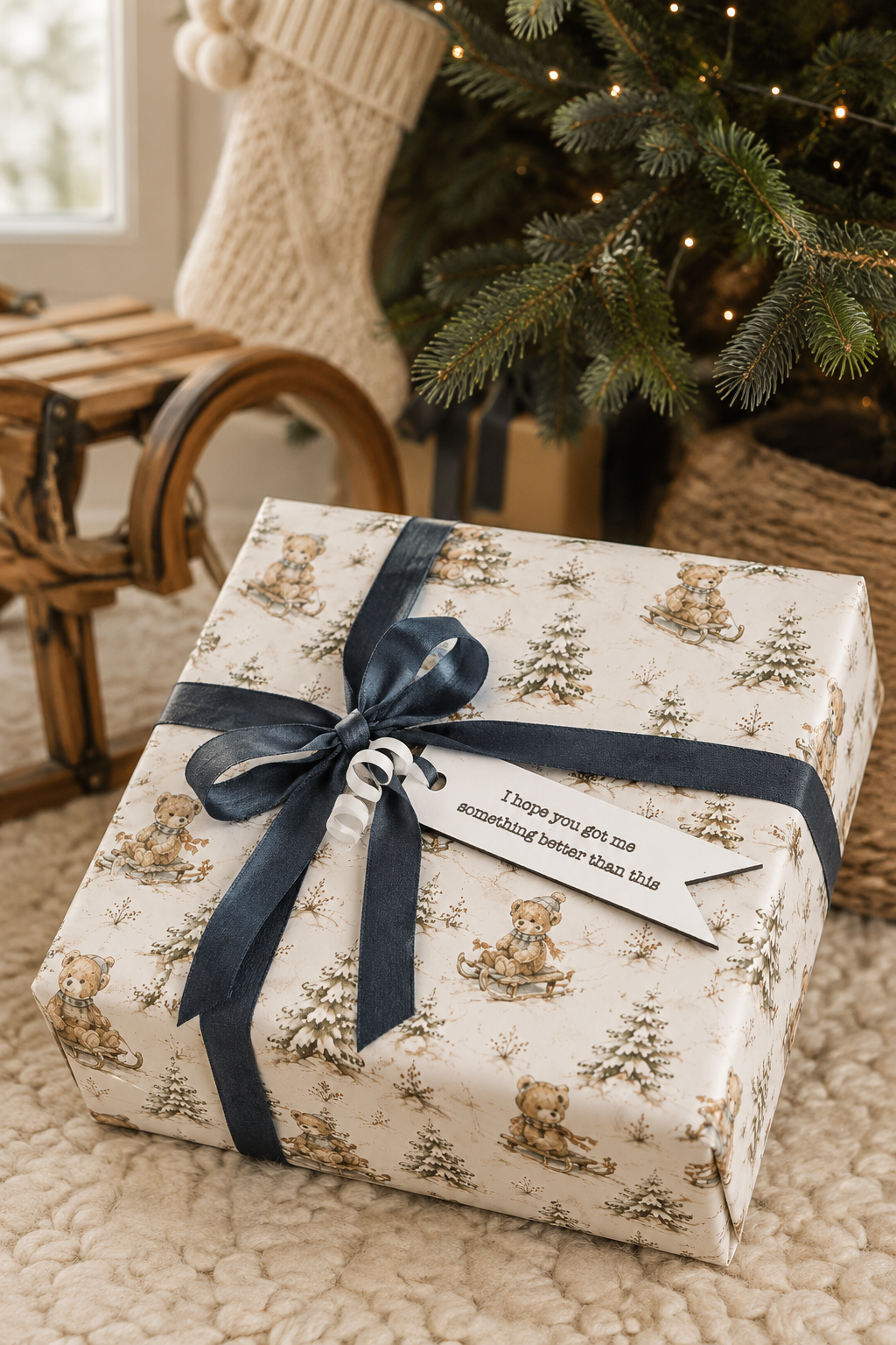 A Christmas gift box wrapped in cream paper with a teddy bear and tree pattern, tied with a navy ribbon and a white tag that reads 'I hope you get something better than this.' The box sits on a textured rug near a Christmas tree and stocking.