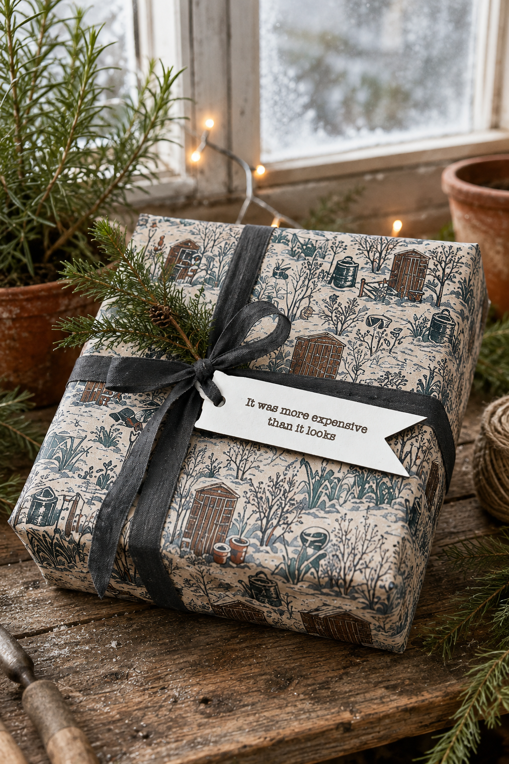 A gift box wrapped in beige wrapping paper with a blue winter garden illustration, tied with a black ribbon and a small white tag that reads 'It was more expensive than it looks.' The box is styled on a rustic wooden table with evergreen branches, potted plants, and warm string lights near a window.