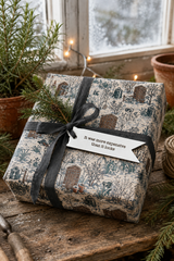 A gift box wrapped in beige wrapping paper with a blue winter garden illustration, tied with a black ribbon and a small white tag that reads 'It was more expensive than it looks.' The box is styled on a rustic wooden table with evergreen branches, potted plants, and warm string lights near a window.