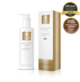 Hand and body lotion with packaging and awards on a white background