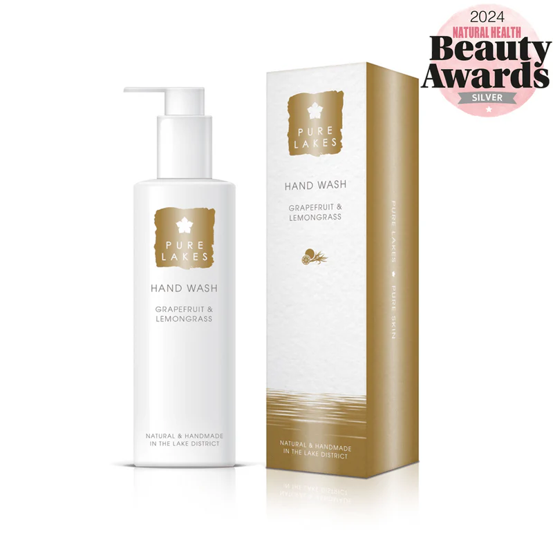 Pure Lakes hand wash bottle and packaging with a 2024 Beauty Awards Silver badge on a white background