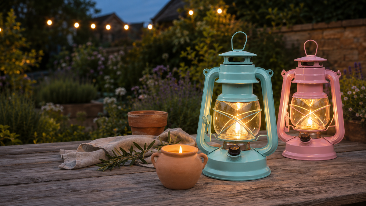 a duck egg blue and a pink hurricane lantern style garden lighting sat on a wooden dining table in a garden with a citronella candle in a terracotta pot.
