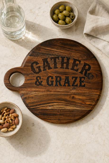 A round dark wood serving board with a handle, engraved with the words 'GATHER & GRAZE' in a rustic serif font. The board is styled in a flat-lay setting on a light beige stone surface, surrounded by a glass of water, a bowl of green olives, a bowl of nuts, and a folded beige cloth.