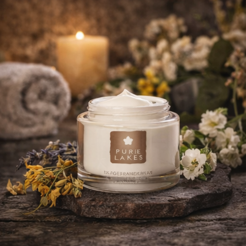  Pure Lakes facial cream with packaging, candles, and flowers in a warm setting.