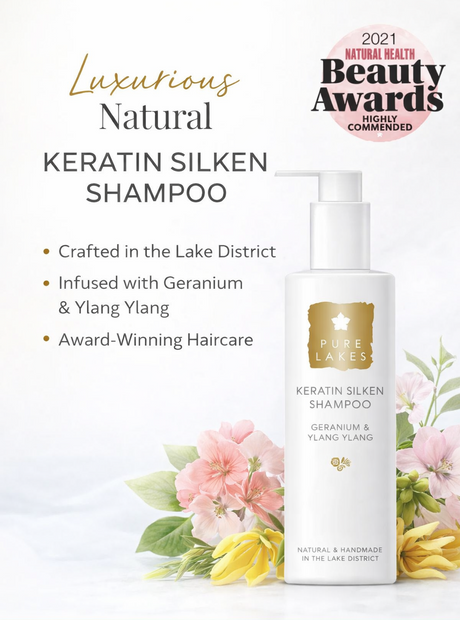 Keratin Silken Shampoo bottle with floral design and award text on a white background