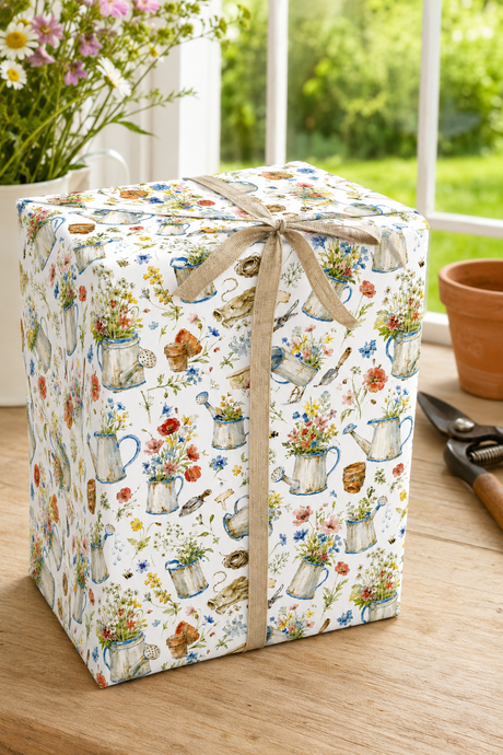 Gift wrapped in Watering Cans & Wildflowers Wrapping Paper  in white.