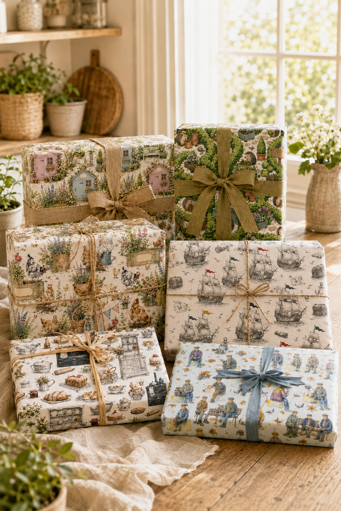 Six wrapped gifts with Byard's Boutique exclusive wrapping paper designs showing the following patterns, bakers kitchen, pirate ships, flat caps, chickens, hedgehogs and garden sheds. 