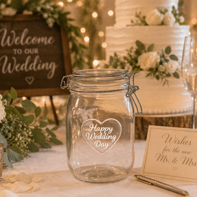 Wedding reception setup with 'Happy Wedding Day' jar, cake, and 'Welcome to our Wedding' sign.