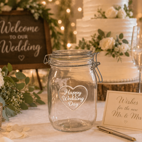 Wedding reception setup with 'Happy Wedding Day' jar, cake, and 'Welcome to our Wedding' sign.