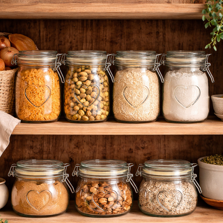Glass jars with heart-shaped labels on a wooden shelf