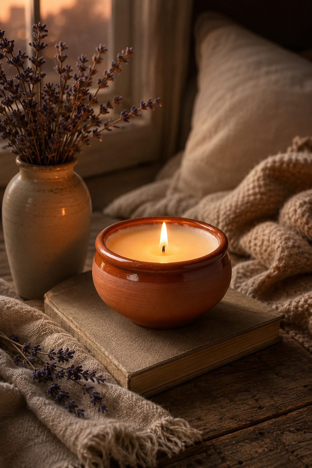 Candle in a terracotta holder on a book with lavender and a blanket in the background