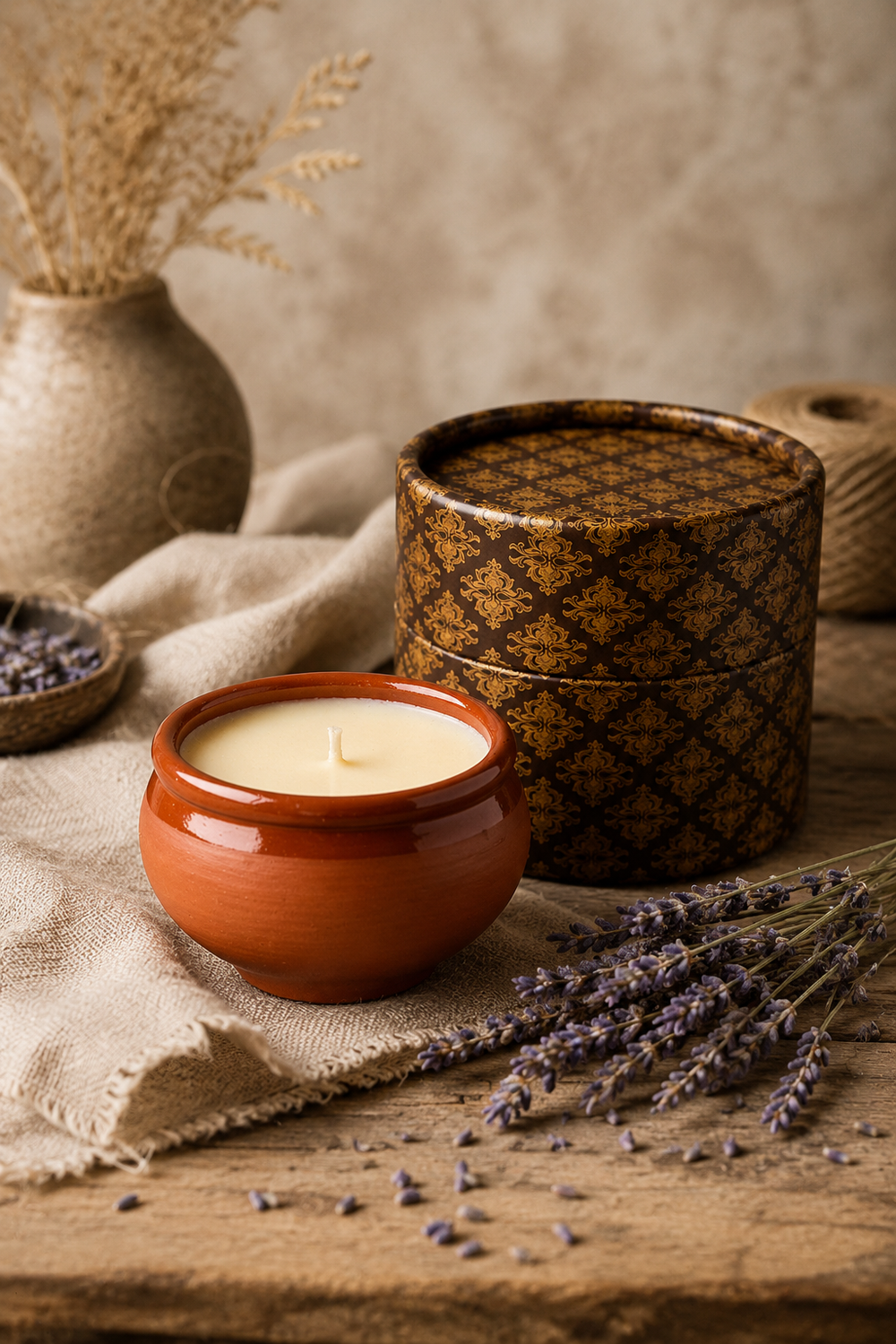 Candle in a terracotta container with decorative elements on a wooden surface