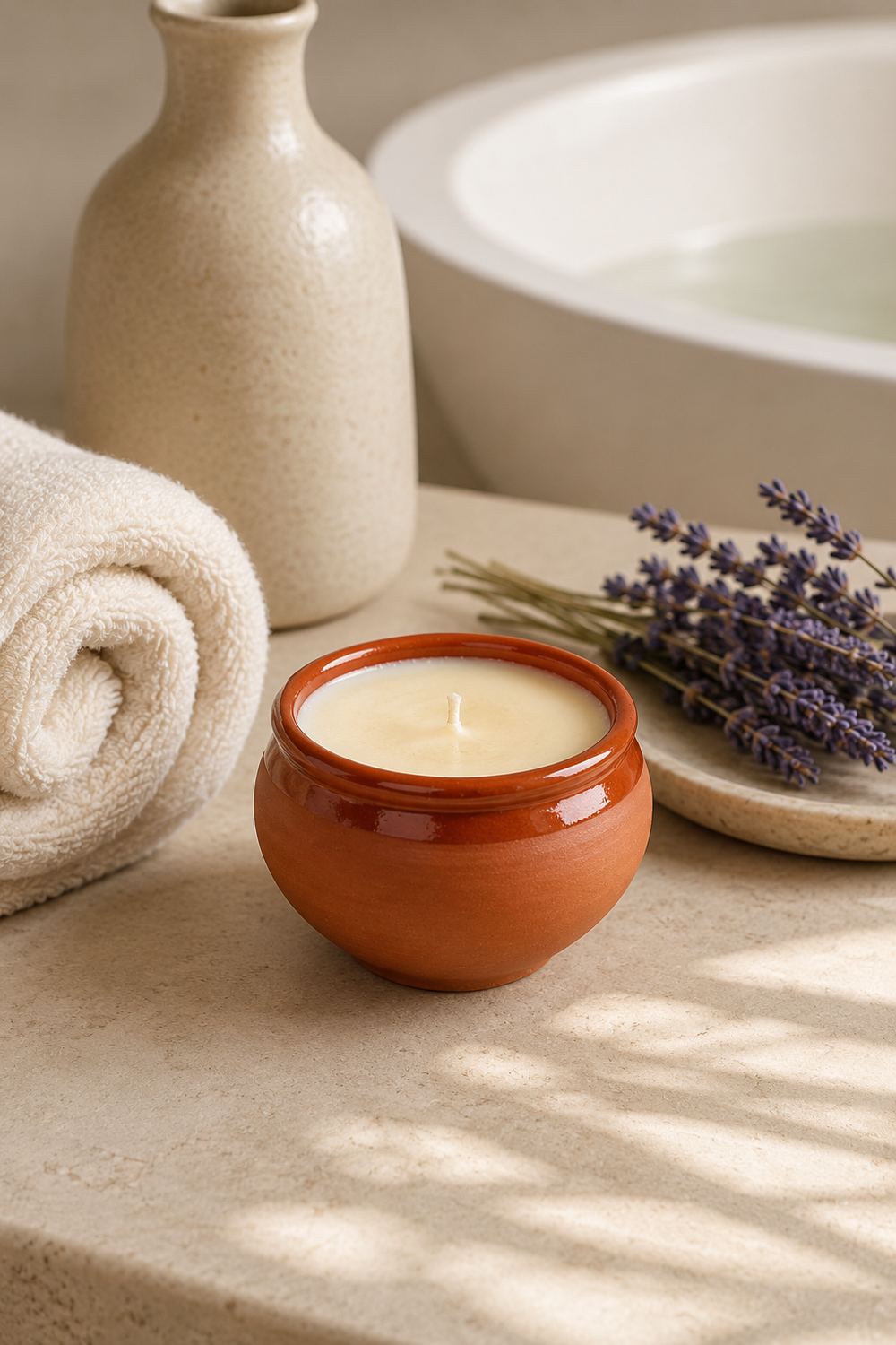 Candle in a terracotta container with lavender and a towel on a stone surface