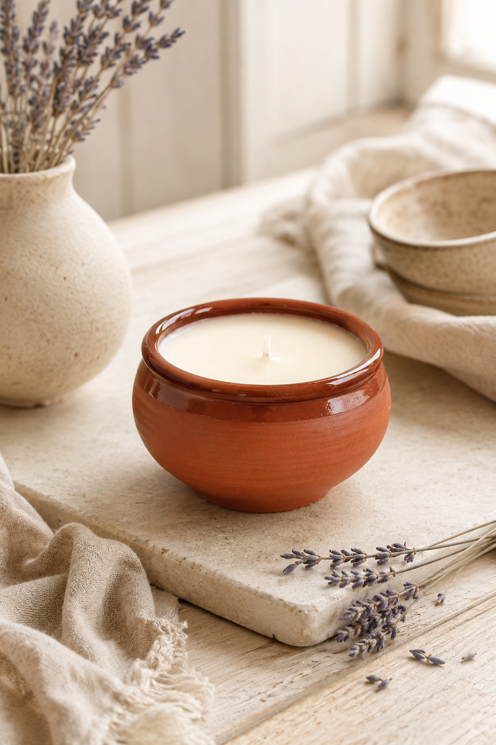 Ceramic candle in a terracotta pot with lavender on a wooden surface. Glazed Beeswax Terracotta Candle – Original Lavender Scent