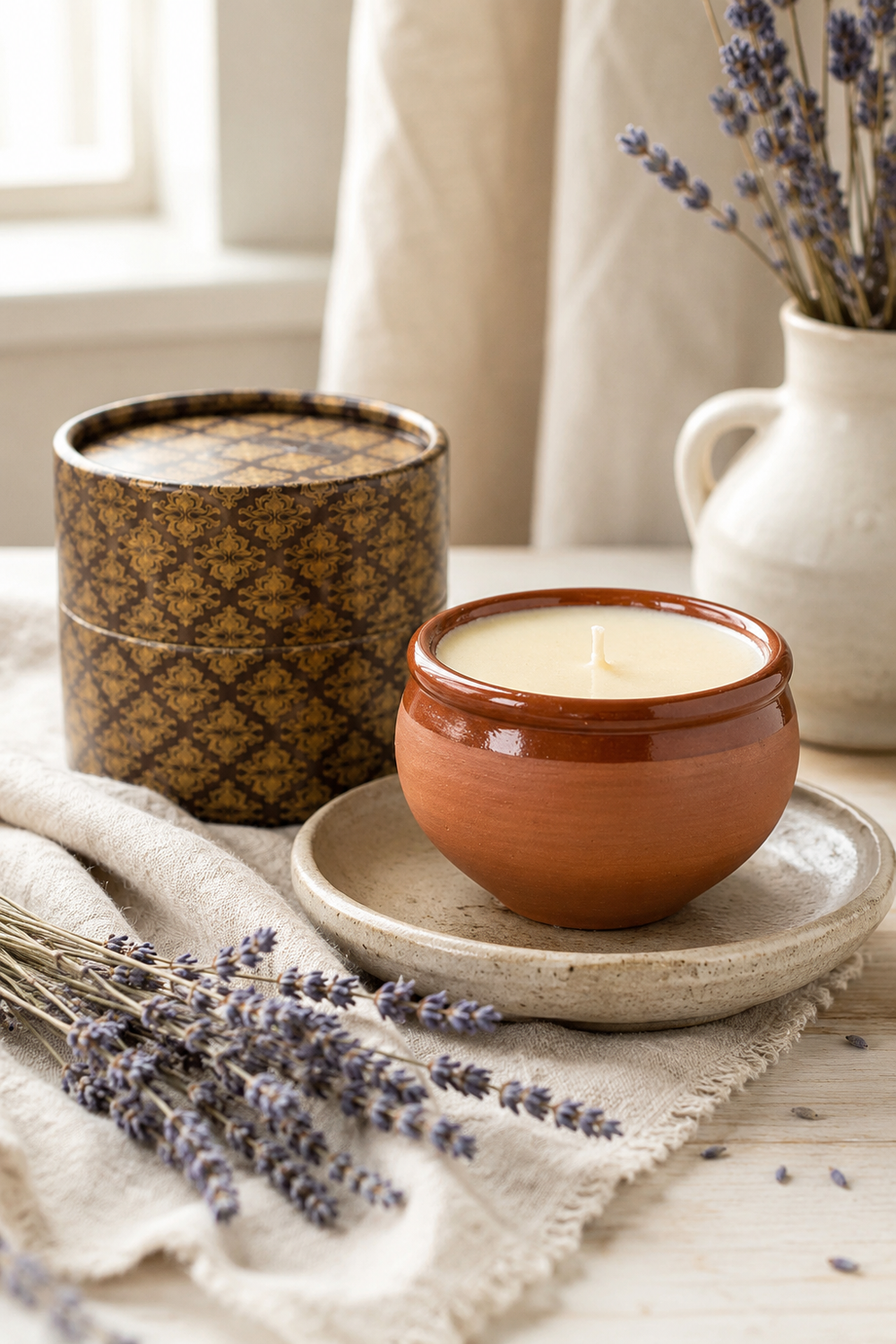 Ceramic candle in a brown pot with lavender flowers on a wooden surface. Glazed Beeswax Terracotta Candle – Original Lavender Scent