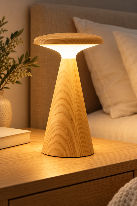 A modern mushroom-shaped table lamp made of white ash natural wood, glowing with warm light on a wooden nightstand in a cozy bedroom setting.