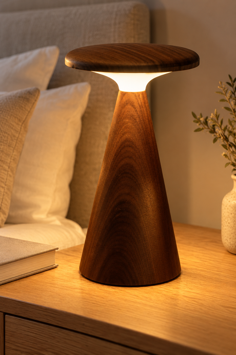 A modern mushroom-shaped table lamp made of walnut wood with a warm glowing light at the top, placed on a wooden bedside table next to a book and a small vase.