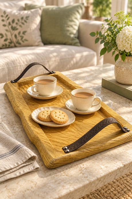 A rectangular wooden serving tray with leather handles sits on a light stone table in a bright living room. The tray holds two white teacups and saucers, two small cookies on a small plate, and a folded napkin.