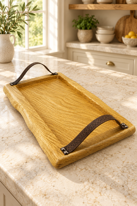 A rectangular oak wood serving tray with a natural oak grain and two dark brown leather handles, displayed on a light marble kitchen countertop.