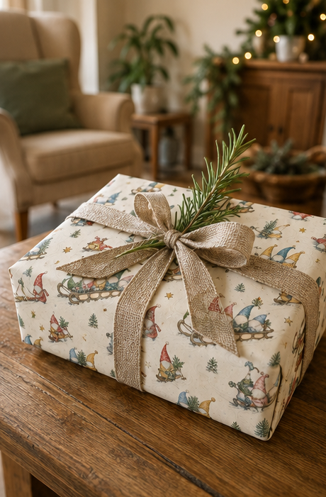 A wrapped gift box in cozy home settings. The gift is covered in cream wrapping paper with a whimsical print of small red, blue, and green Gonk holiday figures, tied with a natural jute twine bow and decorated with a pine sprig and red berries.