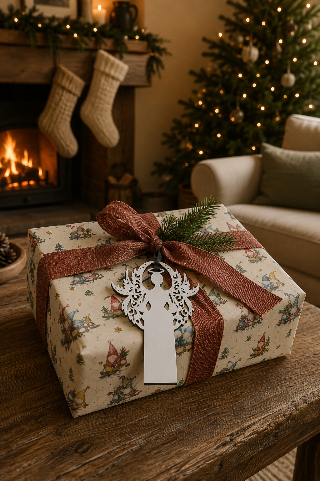 White filigree angel gift tag on a present wrapped in Gonk Downhill Christmas paper beside a decorated fireplace.