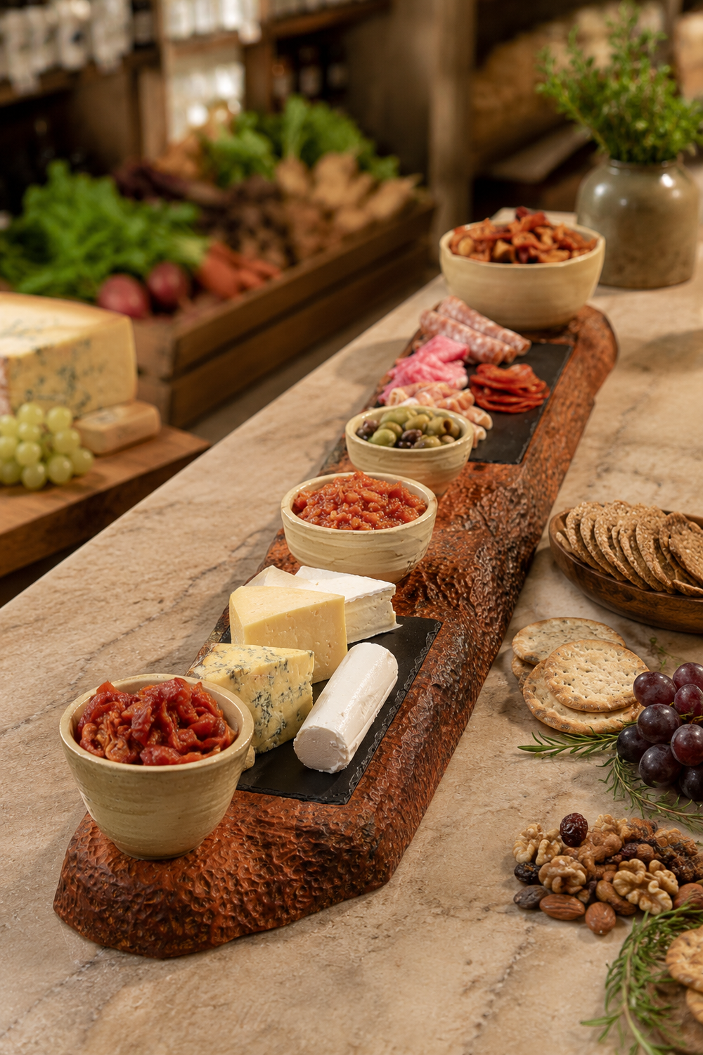 Grand deli tasting board with four bowls and slate insets