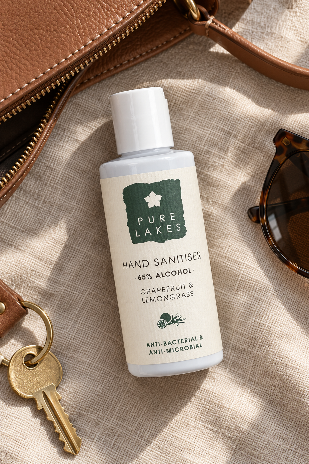 A bottle of Pure Lakes Hand Sanitiser 65% Alcohol Grapefruit & Lemongrass, styled on a textured beige linen fabric with a brown leather purse, keys, and sunglasses.