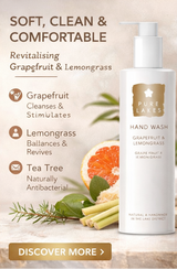 Pure Lakes hand wash bottle with grapefruit, lemongrass, and tea tree elements on a light background