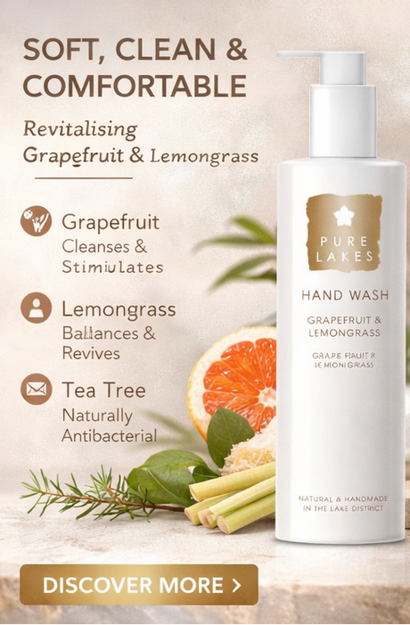Pure Lakes hand wash bottle with grapefruit, lemongrass, and tea tree elements on a light background