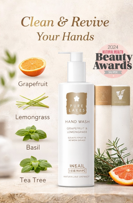 Hand wash bottle with ingredients and Pure lake Grapefruit & Lemongrass Hand Wash on a light background