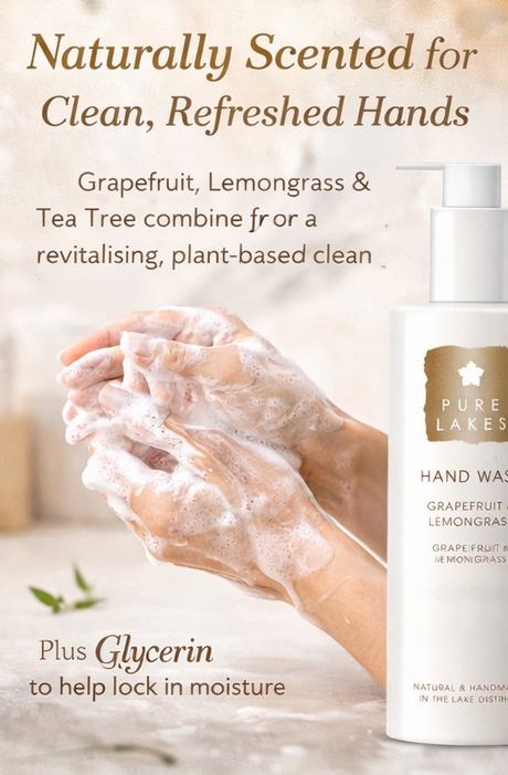 Hand washing with Pure Lakes hand wash and product details on a blurred background