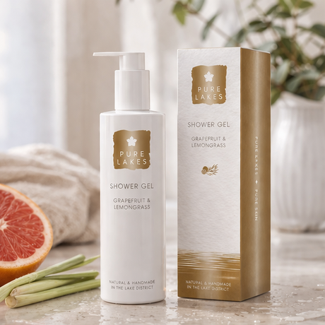 shower gel bottles with a bathroom setting, including a shower and grapefruit.