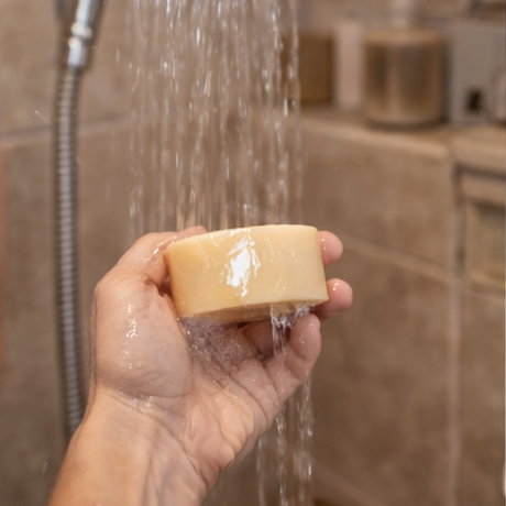 soap from pure Lakes,  being held, and used in a shower.