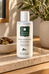 A bottle of Pure Lakes Hand Sanitiser (65% Alcohol, Grapefruit & Lemongrass) standing on a textured beige stone tray in a warm, sunlit room with a potted plant in the background.