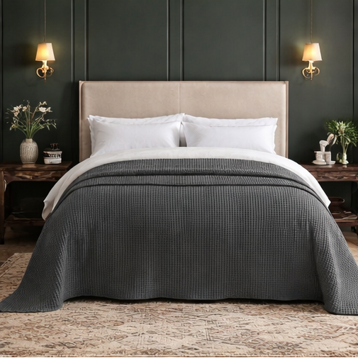 Grey quilt draped over a bed in bedroom setting.